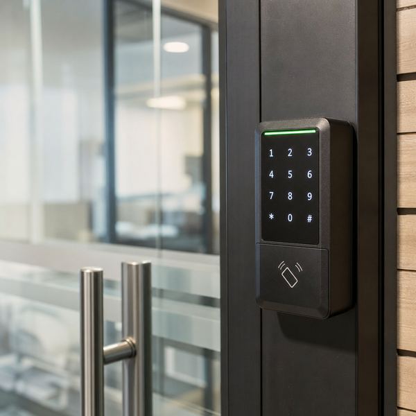 A modern electronic access control keypad and badge reader mounted next to an office glass door