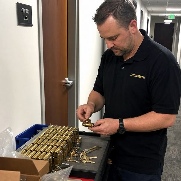 A locksmith organizing brass door lock cylinders and keys on a workbench outside an office