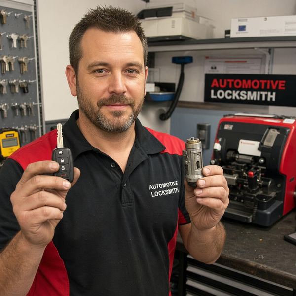 An automotive locksmith holding a car key and an ignition lock cylinder part in a workshop