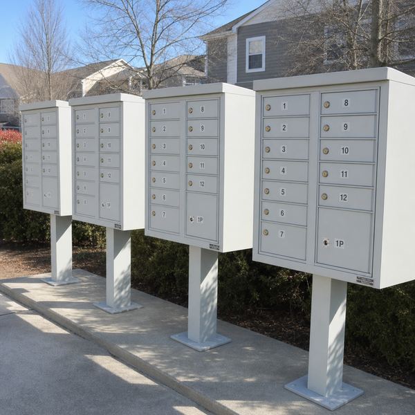 A row of residential cluster mailboxes with individual cam locks