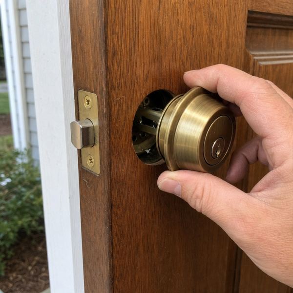 A hand installing a new brass deadbolt lock into a wooden front door