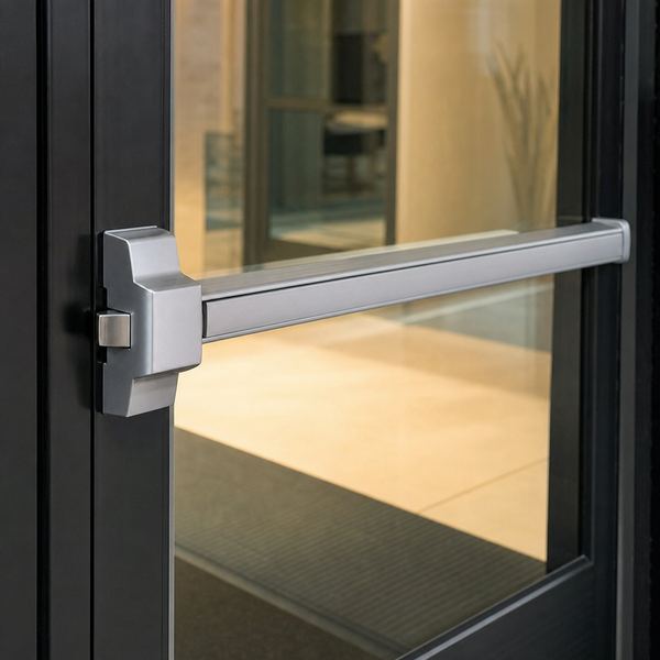 A push bar panic exit device installed on a commercial glass storefront door