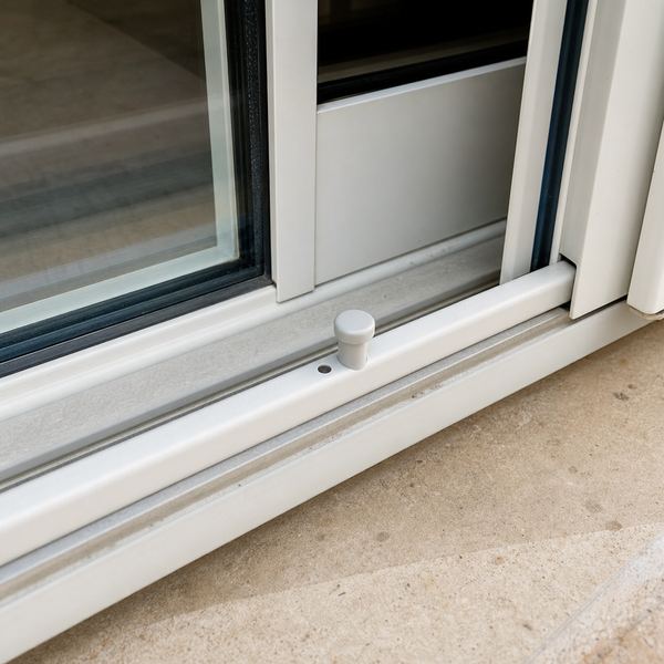 A track lock pin installed on a sliding glass patio door