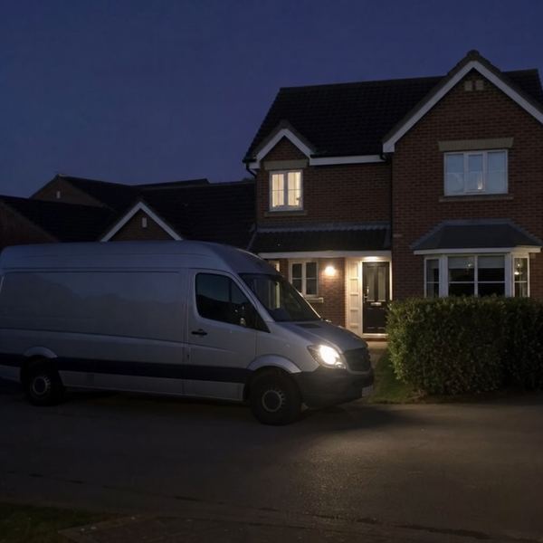 A locksmith service van parked outside a home in the evening